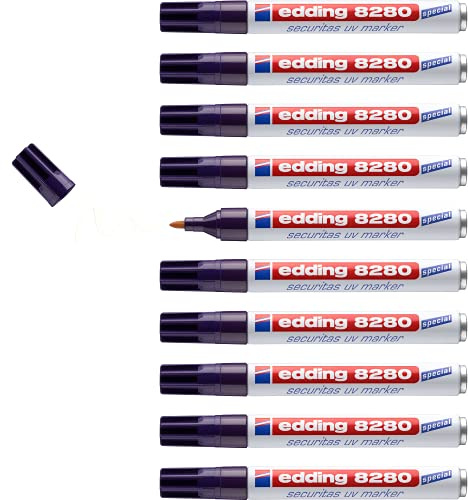 edding 8280 securitas marqueur UV - incolore - 10 stylos - pointe ronde 1-5,3 mm - marqueur pour lumière noire - pour des marquages cachés sur presque tous les matériaux - encre invisible, géocaching