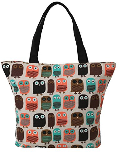 Lath.PIN Sac de Course Porté Main Epaule en Toile Dessin Animal Hibou pour Femme Fille Multicolore