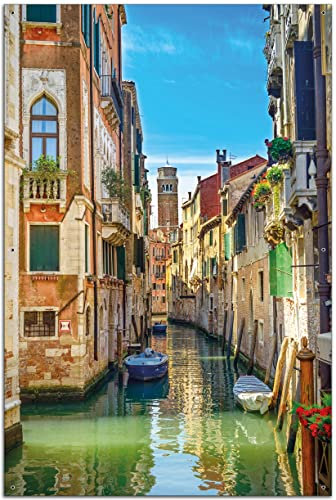 Wallario Outdoor-Poster für Garten oder Balkon Urlaub in Venedig Kanal zwischen bunten Häusern, Motivbanner Größe: ca. 60 x 90 cm, Outdoor-Bild