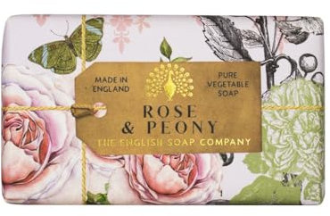 The English Soap Company Anniversary Rose and Peony Soap - Luxury Shea Butter Bar - Floral Rose and Raspberry Scent, Vegan Friendly, Plastic-Free Recyclable Packaging, Made in England - 190g