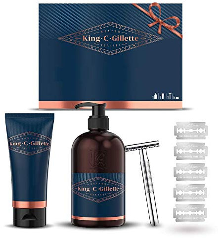 King C. Gillette Geschenkset mit Rasierhobel Herren und Bartpflege, Rasierer + 5 Rasierklingen + Rasiergel + Bartshampoo, Rasierset Geschenk Männer