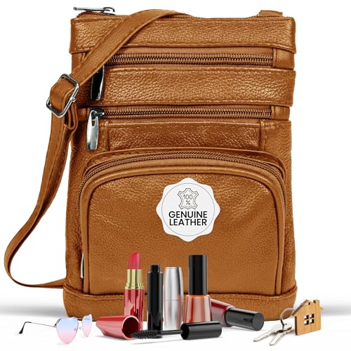 Krediz leather Crossbody Purses for Women, Multi Pocket Crossbody Purse with Adjustable Strap, Soft & Durable Leather Purse, Light Brown, XL