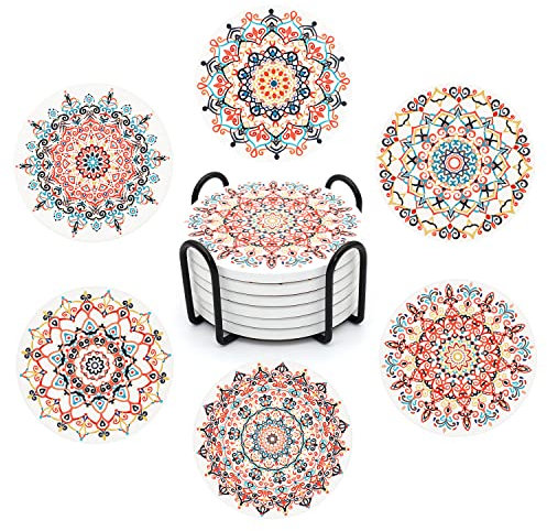 STARUBY 6 Stücke Blumen Muster Untersetzer Set mit Halter,Durchmesser 10,3 cm Saugfähige Keramische Korkboden Untersetzer,für Bierkneipen Tassen Vasen Kerzen Drinks Tischuntersetzer Geschenke