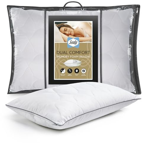 Sealy Dual Comfort Memory Foam Pillow - Reversible Firm and Soft Memory Foam Bed Pillow for Side and Back Sleepers with Fibadown Fibres, Hypoallergenic, Cotton Quilted Cover, White