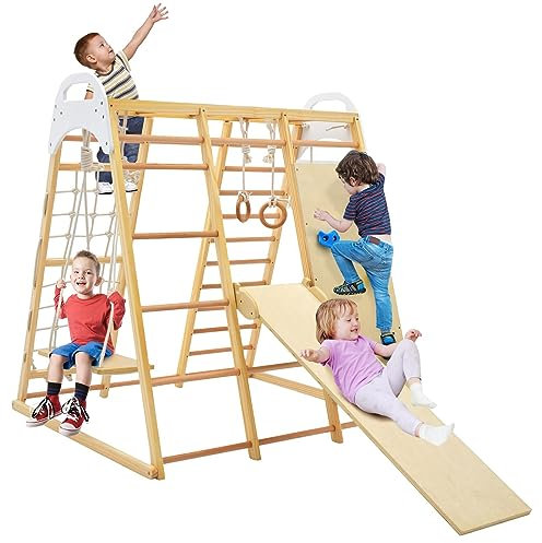 DREAMADE 8 in 1 Kletterdreieck Kletterspielzeug mit Schaukel Leiter Rutsche Kletternetz Turnringe, Spielplatz Indoor Klettergerüst aus Holz zum Rutschen & Klettern für Kinder ab 3 Jahren (Natur)
