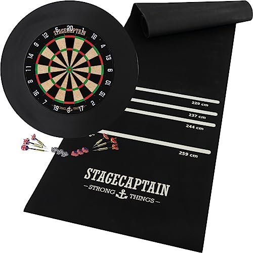 Stagecaptain DBS-1715C BullsEye Champion Dartscheibe mit Pfeilen - Profi Steeldartscheibe aus Sisal mit 6 Dartpfeilen und 4 Sets Flights - Dartboard mit dünnen Drähten - Set inkl. Dartmatte & Surround