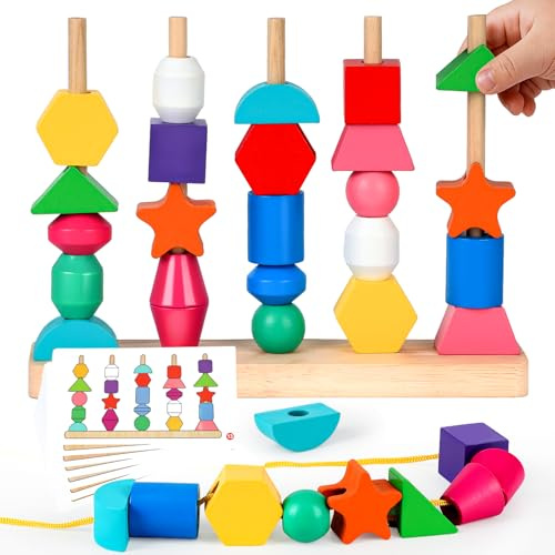 JRUXJWI Montessori Wooden Threading Beads Set for Toddlers 3 4 5, Bead Sequencing & Stacking Toy with Pattern Cards, Lacing Beads, Shape Matching Stacker, Fine Motor STEM Learning Gift