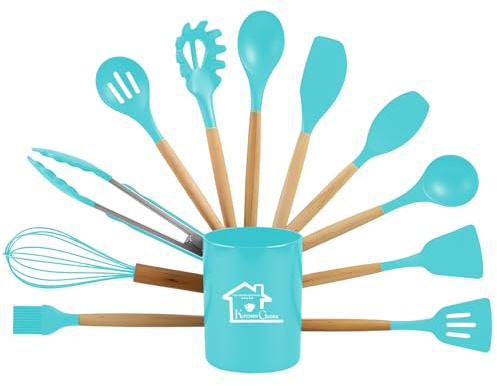 AEX Juego de utensilios de cocina – Juego de 12 utensilios de cocina – Juego de utensilios de cocina con soporte, juego de utensilios de silicona resistente al calor, utensilios antiadherentes con
