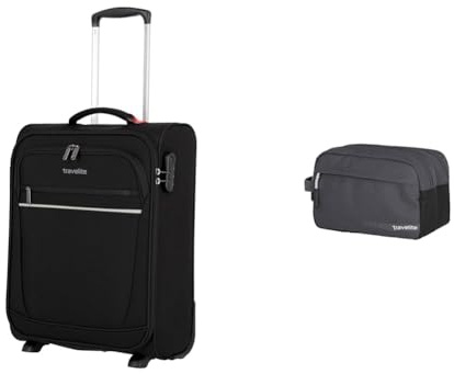 Travelite 2 Rad Handgepäck Koffer mit Schloss erfüllt IATA Bordgepäck Maß & Handgepäck Kosmetiktasche, Gepäck Serie Kick Off: Praktische Kulturtasche für Urlaub und Sport, 26 cm, 5 Liter, D'anthrazit
