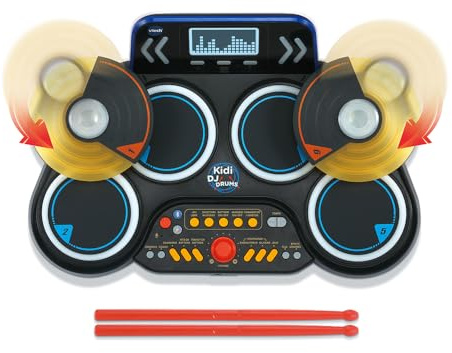 VTech - Kidi DJ Drums, Batterie Électronique Enfant avec Pads Lumineux, Cymbales, Baguettes, Bluetooth, Prise Jack pour Casque, Apprentissages et Jeux, Cadeau Enfant Dès 6 Ans - Contenu en Français