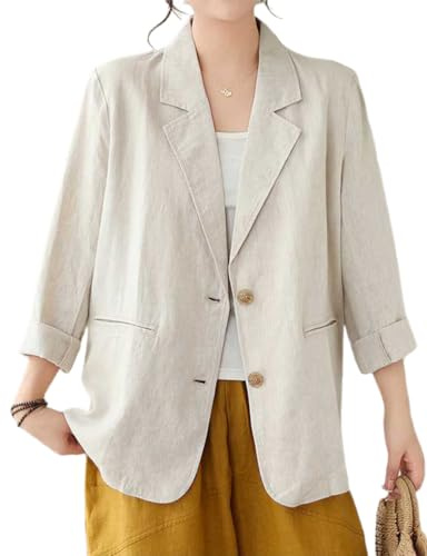 IDEALSANXUN Blazer de Lino y algodón para Mujer, Primavera, Verano, 2024, Manga Larga, Ligera, Informal, para Negocios, Beige, XL