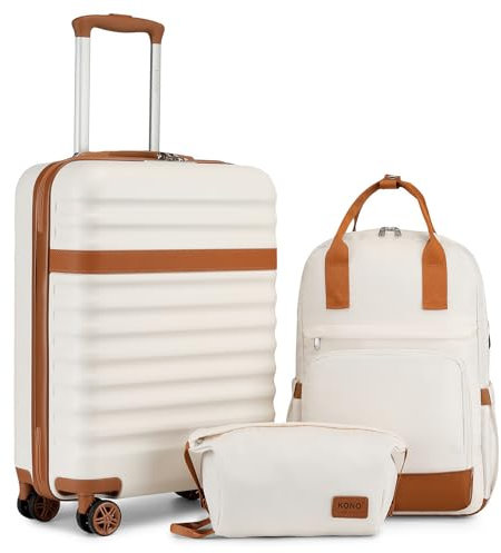 KONO Koffer Trolley Handgepäck Koffer Reisekoffer von ABS+PC Hartschalenkoffer mit 4 Rollen TSA Schloss Koffer Set Enthält 1 Reiserucksack und 1 Kulturbeutel(Creme/Braun,Kofferset 3 Teilig)