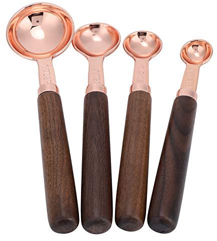 Stainless Steel Measuring Spoons Set of 4, Rose Gold Measuring Spoons Metal Measuring Spoons Set with Wood Handles for Measuring Dry Liquid Ingredients