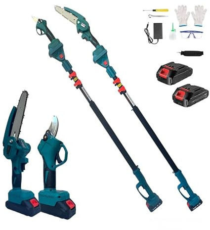 KIT POTATURA MINI MOTOSEGA 6″ + FORBICI CESOIA A BATTERIA CON ASTA TELESCOPICA