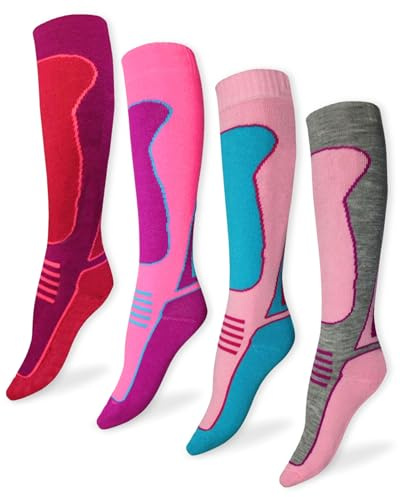 ThreadCo Womens Ski Socks - Ladies Long Thermal Socks For Skiing, Snowboarding, Walking - Anti-Blister High Performance Winter Socks - 4 Pk - Pink Mix - Size UK 4-8