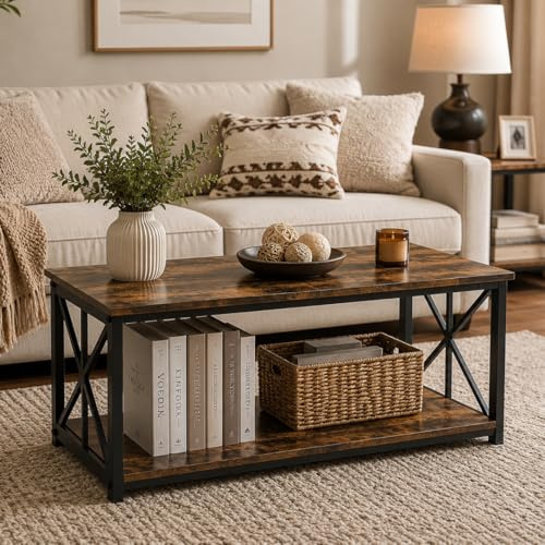 Manora Mesa de Centro Rectangular Moderna, Mesa de Salón Estructura en X, Mesa Baja para Sala de Estar, Oficina, Balcón, 96 x 50 x 42cm, Marrón