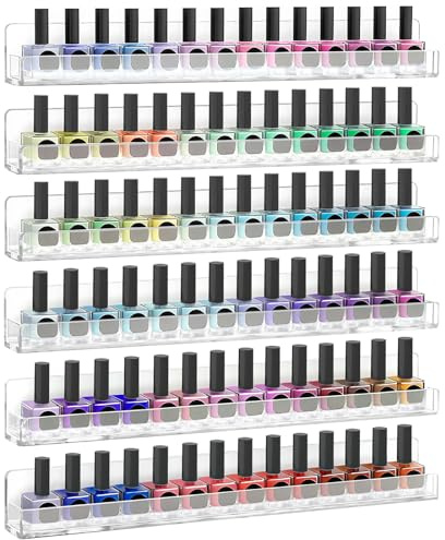 Nakelulu Acrylic Wall Mounted Nail Polish Organiser Rack, 6 Tiers Clear Nail Varnish Wall Rack with Removable Anti-slip Inserts, 15 inches Wall Mount Storage Display Stand Shelves Up to 90 Bottles