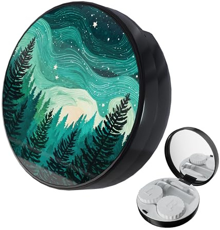 LRITER Contact Lens Case, Portable with Mirror, a Variety of Patterns and Shapes to Choose from, Auitable for Daily Makeup Office Travel Outdoor Use (Green Forest)