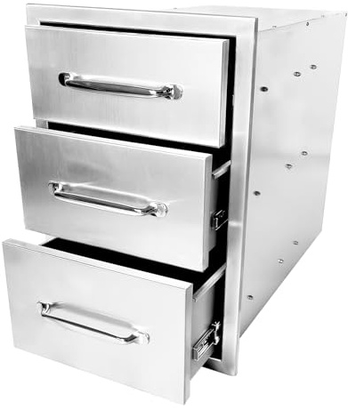 Küchenschubladen Outdoor, 36x58x52cm Außenküchenschubladen mit dreifachem Zugriff, Aschekasten, Schubladenaufbewahrung mit Edelstahlgriff für Grillinsel, Grillstation, Grillkamin Grill Rost Kamingrill