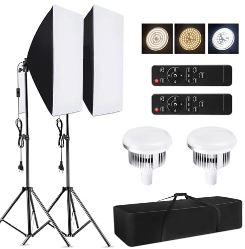 Andoer Kit de iluminación de estudio de 60 x 60 cm, juego de luz LED profesional para fotografía de estudio con trípode de luz ajustable y mando a distancia (enchufe europeo)