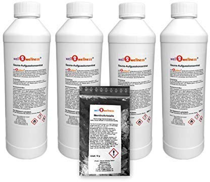 Set Infusi Sauna 4 x 500 ML di well2wellness® + Gratis 10 G10 G Cristalli di Mentolo - Libera Scelta da oltre 180 Saunadüften