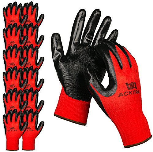 ACKTRA Nitrile Coated Safety WORK GLOVES 12 Pairs, WG003 Red/Black, Large