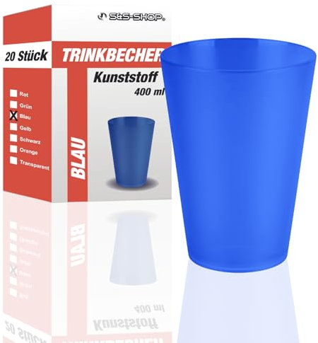S&S-Shop Hartplastik Trinkbecher | 20 Stück | 400ml | Blau | Mehrwegbecher | Cocktailgläser | Camping | Kindergeschirr | JGA | Beerpongbecher | Stapelbecher | Partybecher | Kunststoffbecher