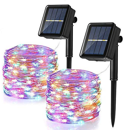BrizLabs Cadena Luces Solares 2 Paquete 12m 120 LED Guirnalda Luces Solares Exterior Impermeable Iluminación Alambre de Cobre para DIY Navidad Jardín Ventana Valla Boda Decoración, Colores