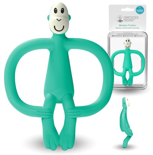 Matchstick Monkey, Anneau de dentition et applicateur de gel en silicone antimicrobien, facile à saisir, sans BPA, 3 mois et plus, 11 cm, singe vert