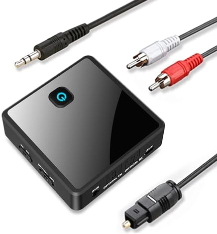 Isobel Bluetooth 5.0-sändarmottagare (optisk, 3,5 mm AUX, RCA), låg latency trådlös ljudadapter uppladdningsbar Bluetooth AUX-adapter för TV PC Car/Home stereosystemhögtalare, dubbel länk