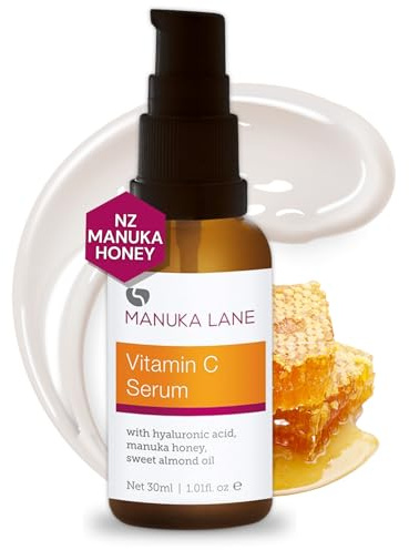 Siero alla vitamina C per viso e collo con acido ialuronico, miele di Manuka e olio di mandorle dolci | Formula a base vegetale | Accuratamente formulato per mantenere la pelle giovane e sana!
