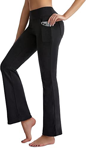 CAMBIVO Joggingbyxor dam, utsvängda yogabyxor, sportbyxor, raka ben med fickor, bootcut utsvängda byxor för pilates, fritid, fitness, svart, L