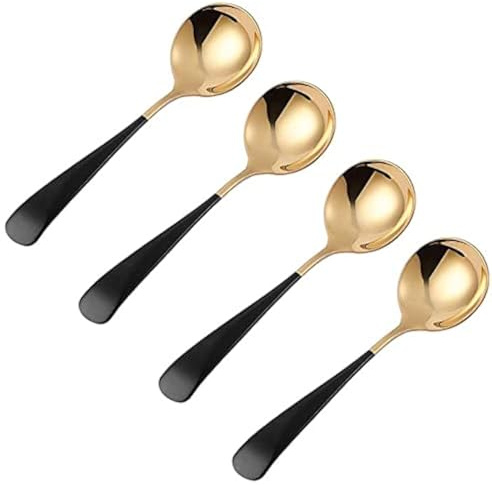 Suppenlöffel im Palast-Stil, große Schüssel, 4,6 cm, runder Kopf, Edelstahl, robuste Servierlöffel – Schwarz / Gold, 4 Stück