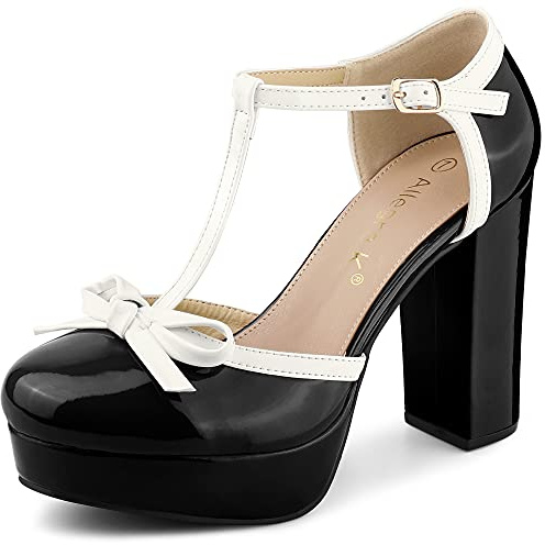 Allegra K Women's Platform Bow T Strap Chunky Heels Pumps, Black, 7 UK