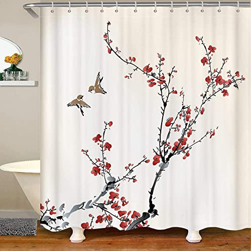 JOKITA Duschvorhang 120x180 Beige Blume Duschrollo Wasserabweisend Anti-Schimmel mit 8 Duschvorhangringen, 3D Bedrucktshower Shower Curtains, für Duschrollo für Badewanne Dusche