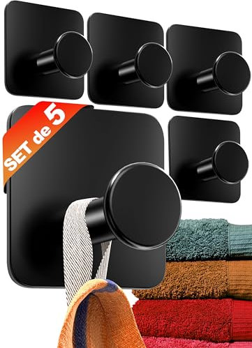 4smile Handtuchhalter ohne Bohren, schwarz - 5 Stück Badezimmer Handtuchhalter, Klebehaken aus Edelstahl, moderne Haken für Bad, WC, Küche - Wasserfeste Haken selbstklebend, Handtuchhaken
