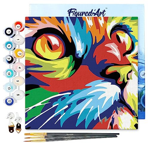 Figured'Art Mini Dipingere con i Numeri 20x20cm con Telaio - Paint by Numbers Felino Pop Art, Passatempo per Adulti, Kit Completo, Hobby Creativi - Quadri fai da te Tela Già Incorniciata