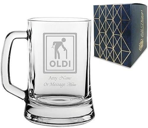Personalised Engraved Novelty Beer Mug Tankard Stein with Oldi Design, Add a Personalised Message, Gift Box Included, Laser Engraved, Gift for Dad Grandad Colleague Retirement