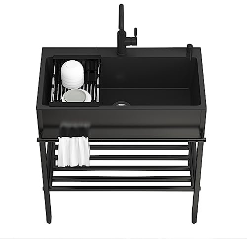 Küchenspüle Aus Edelstahl, Spülbecken Mit Armatur,Outdoor Waschbecken Garten, Standwaschbecken,gewerbliche Küchenspüle, Stehendes Spülbecken, Für Küchen, Bars, Restaurants, Schwarze Küchenspüle ( Colo