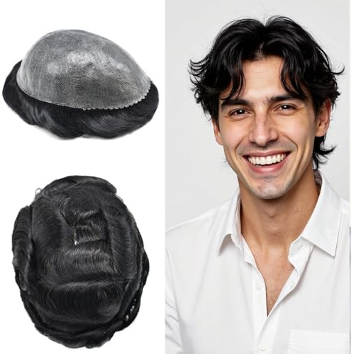 Toupee For Men Real Human Hair Replacement System 0.1mm All Injection PU Mens Toupee Durable Thin Skin Hairpiece For Men Prosthesis Hair Units Patch Wig #1 Jet Black