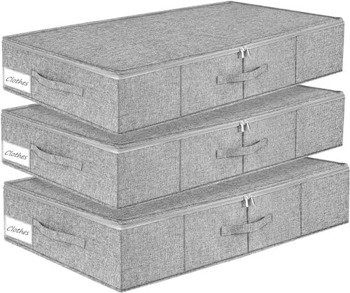 TAHAVICE 3 Stück Unterbett Aufbewahrungsbox, Unterbettkommode mit Deckel, Unterbett Aufbewahrung mit Reißverschluss und Griff, Bettkasten Aufbewahrung für Kissen Kleidung Decken Bettdecken, Grau