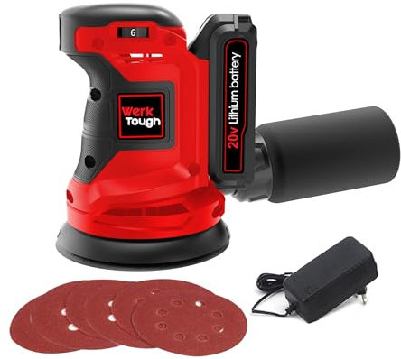 Wertough SA002 20V Cordless Random Orbital Sander - 6-Step Speed With 2.0A Battery and Fast Charger, 125mm Wheel, 6 Sanding Papers, Dust Bag - Red