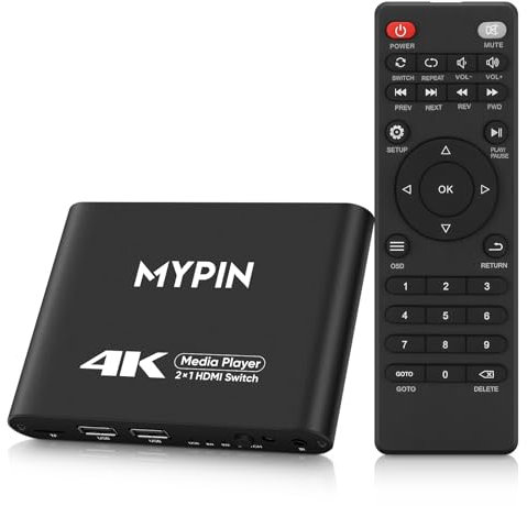 Lecteur multimédia 4K avec Fonction de commutateur HDMI 2 en 1, Commutateur/Répartiteur HDMI 2 Ports, Commutation Automatique avec télécommande, prenant en Charge en Boucle/Reprise de Lecture