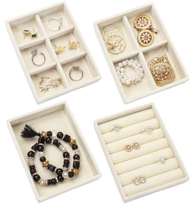 Nwvuop 4 Stück Kleine Schmucktablett, Schmuckaufbewahrung Schublade Stapelbar Schmuck-Organizer für Ohrring Halskette Armband Ring 12,5× 9,5× 2,5 cm(Beige)