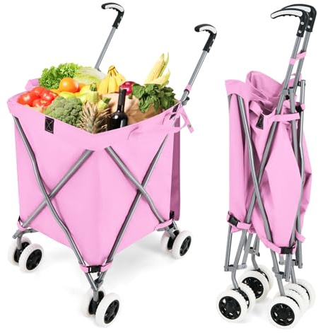 GYMAX Trolley per Spesa Pieghevole, Capienza di 90 L, Portata di 55 kg, Richiudibile e Staccabile, con 4 Ruote, Doppio Manico e Coperchio, Materiale Impermeabile, 46x66x94,5 cm (Rosa)