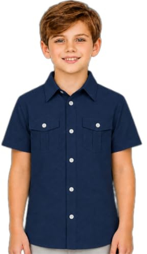 BIENZOE Mode Schulhemd für Jungen: Kinder Kurzarm Hemd mit Knopfleiste Freizeit Design Marineblau 10