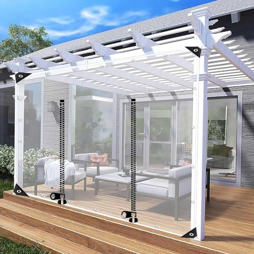 Lona de plástico transparente impermeable con ojales para pérgola, cenador, patio, porche, cochera, paneles laterales transparentes con puerta con cremallera, 3 x 2,2 m