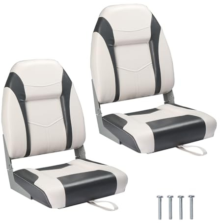 PEXMOR Boat Seats Low/High Back, Folding Boat Seat Included, Fold-Down Fishing Boat Seats Waterproof Captain Boat Seat w/Aluminum Hinges & Thick Soft Cushion, 2 Packs (High Back-Grey & White)