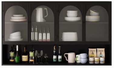 HAINEW Moderner Hängeschrank Küchenschrank Wandschrank mit 4 Glastüren, Metal und Glas Badschrank Sideboard Hängend Medizinschrank für Küche Bad, 120×23×70cm (Schwarz)
