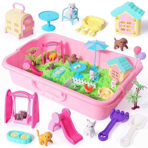 Billeeit Pet Play Sand Art Kit w/2.2lbs Green Moldable Sand | Dog ＆ Cat Sensory Bin Toys for Boys and Girls Including 28pcs Accessories Total, Sand Box Gift for Kids 3+ Indoor Creativity